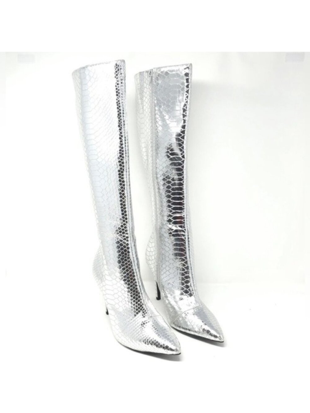 INC Jelpp Silver Snake Tall Knee High Stiletto Boots Size 8.5M - Picture 2 of 10